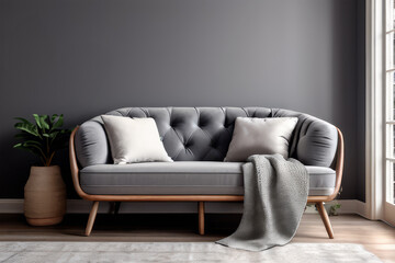 Grey snuggle chair against a stucco wall. Boho home interior design of modern living room.
