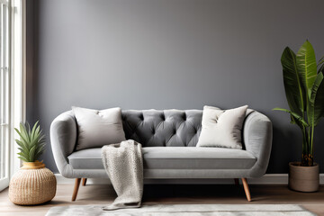 Grey snuggle chair against stucco wall. Boho home interior design of a modern living room.