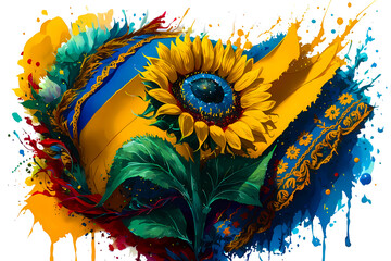 Traditional motifs in vibrant ukrainian watercolor. Sunflower, symbol of national pride, stands prominently amidst a backdrop of dynamic splashes of yellow and blue paint reminiscent of ukrainian flag