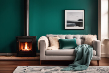 Fototapeta na wymiar Rustic sofa with fur pillow and blanket near fireplace against turquoise wall with poster. Home interior design of modern living room.