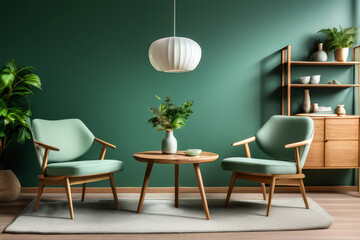 Fototapeta na wymiar Wooden dining table and chairs against dark green wall, Scandinavian, mid-century home interior design of modern dining room.