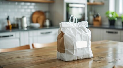 White paper bag on the table in the modern kitchen. Delivery service concept, mock up