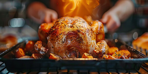 Person cooking a delicious roasted turkey on a flaming grill in the backyard on a bright sunny day - Powered by Adobe
