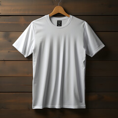 Blank White T-Shirt with Hanger Isolated on Wooden Background. Short Sleeve T-shir