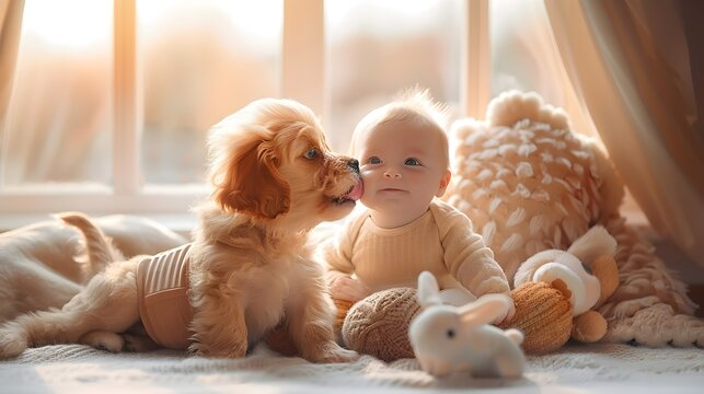 Baby and American Cocker Spaniel Bond in Soft Pastel-Colored Room with Plush Toys and Sunlight