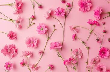 Pink cosmos flowers on a pink background top view, flat lay floral composition for design projects of beauty and nature concepts