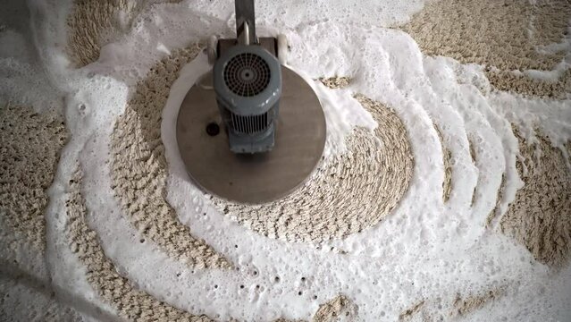 Professional carpet cleaning concept. Cleans carpet with electric scrubber and foam