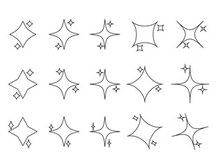 Minimalist silhouette stars icon, twinkle star shape symbols. Modern geometric elements, shining star icons, abstract sparkle black silhouettes symbol vector set on white background in eps 10.