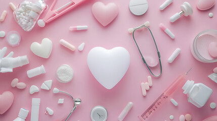 Stethoscope, heart and pills on color background. Cardiology concept, Modern stethoscope and hearts...