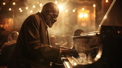 Close up shot of an elderly African American man at the piano in jazz club - AI Generated Digital Art