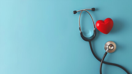 Stethoscope and red decorative heart on light blue background. cardiology concept, Red heart and a stethoscope on desk
