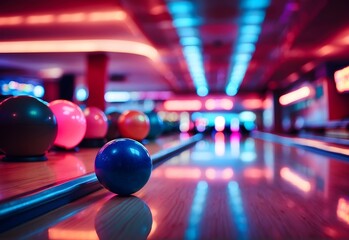 Blurred image of a neon-lit bowling alley, generative AI
