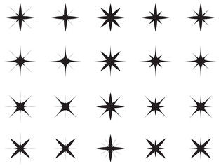 Star sparkle and twinkle. Star burst, flash stars. Isolated vector starburst icons, black silhouettes, shining lights and sparks of bright glowing rays and flare effect. shiny glitter in eps 10.