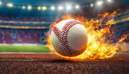 Fiery hot baseball ball kicked with power. Orange flame. Professional active sport. Blurred arena