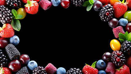 Assorted Fresh Berries and Fruits Frame on Black Background. Free space for text, description, headline, advertised product or cosmetics
 - obrazy, fototapety, plakaty