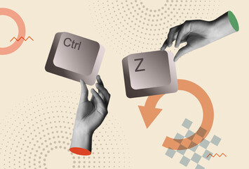 Undo shortcut, Ctrl z keyboard keys and hands in retro collage vector