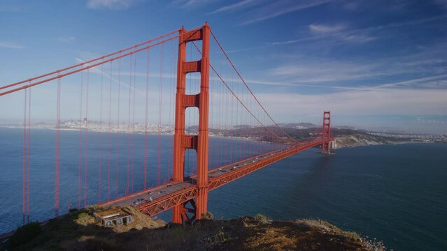 Cinematic drone shot of Golden Gate Bridge