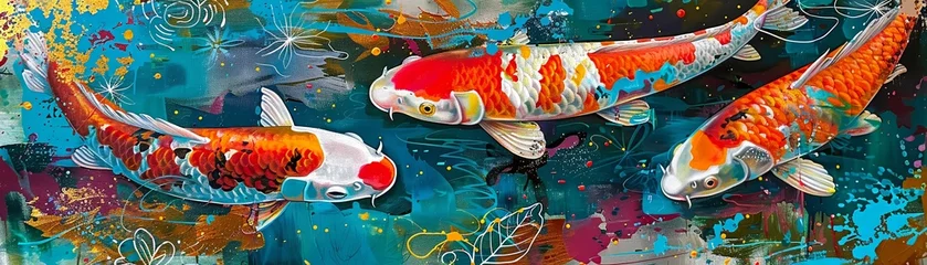 Fototapeten A pop art inspired piece featuring vibrant colors and bold patterns showcasing koi fish swimming in a pond © PrusarooYakk