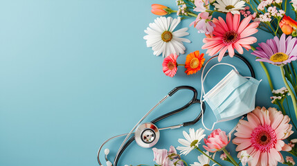 Flat lay composition with stethoscope, flower and mask on color background ,Doctors day card with stethoscope and pink and yellow ,white ,orange roses
