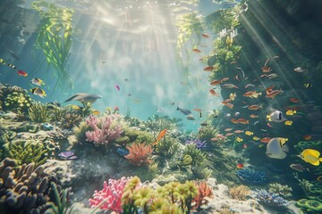 A colorful underwater scene with a variety of fish swimming around - obrazy, fototapety, plakaty