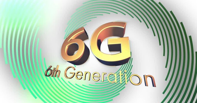Animation of 6g, 6th generation text in gold over green spiral lines processing on white background