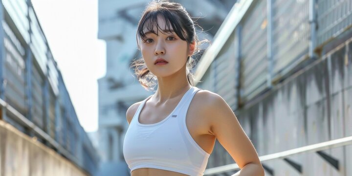 Asian girl goes in for sports jogging Generative AI