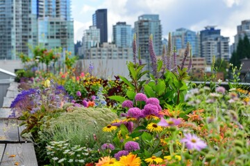 Naklejka premium A garden with a variety of flowers and plants, including purple flowers