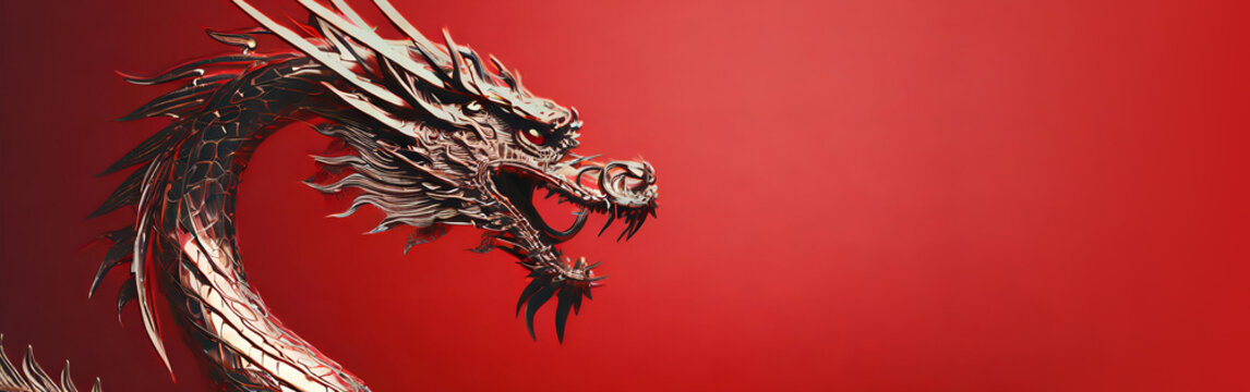 3d render. metallic chrome dragon side view plain red background banner with blank space
