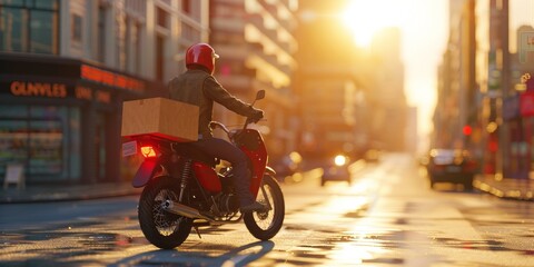 courier delivers parcels around the city on a motorcycle Generative AI - obrazy, fototapety, plakaty