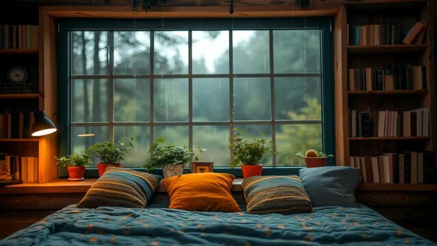 Cozy bedroom with rainy atmosphere outside the window. seamless looping 4k time-lapse video background