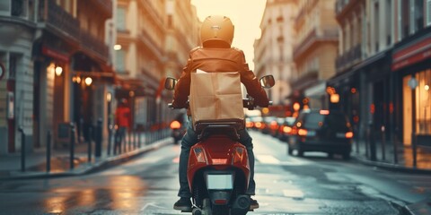 courier delivers parcels around the city on a motorcycle Generative AI - obrazy, fototapety, plakaty