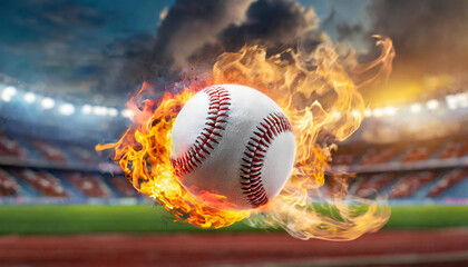 Fiery hot baseball ball kicked with power. Orange flame. Professional active sport. Blurred arena - obrazy, fototapety, plakaty