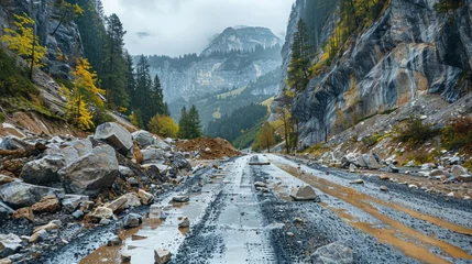 Foto op Canvas Rockfall on the road. Large rocks of rock fell on the asphalt road. Scattered stones on the road. Rockfall. Automobile sign of falling stones. Watch out for rockfall. Rockfall danger. © Nataliya