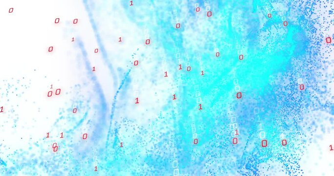 Animation of binary data over blue particle network wave on white background