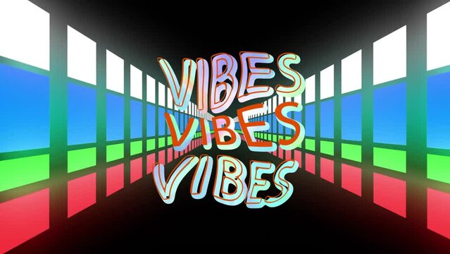 Animation of colourful vibes text distorting over tunnel of coloured square lights