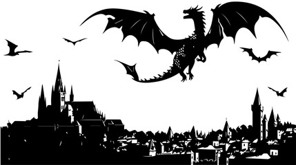Dragon Flying Over Medieval Castle Vector Illustration