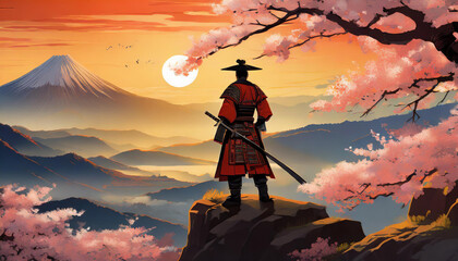 samurai in the mountains looking at sakura during sunset