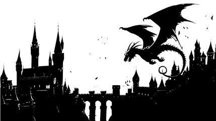 Dragon Flying Over Medieval Castle Vector Illustration