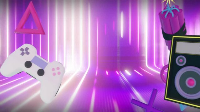Animation of game controllers, equipment and icons over purple and white moving neon lines