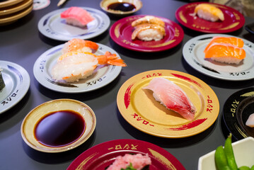 Taiwan 15 December 2023:  Dishes of Sushi in the Sushiro Japanese restaurant - 758124947