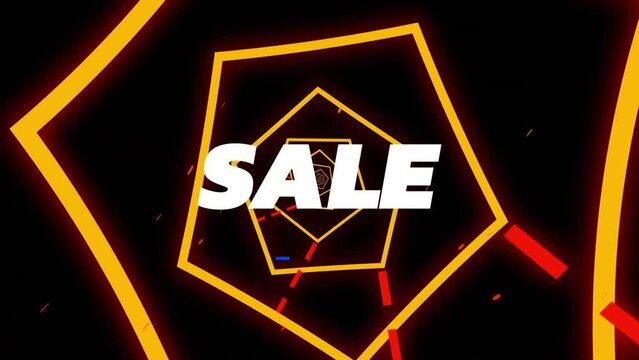 Animation of sale text over orange hexagon tunnel and coloured lines on black background