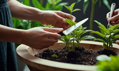 Female hands plant and care for plants