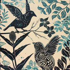 floral block print illustration of birds