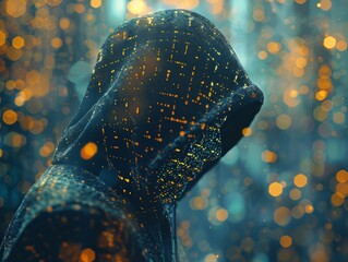 Hacker on bokeh light background, internet crime concept, cybercrime concept, cyberattack, dark web.