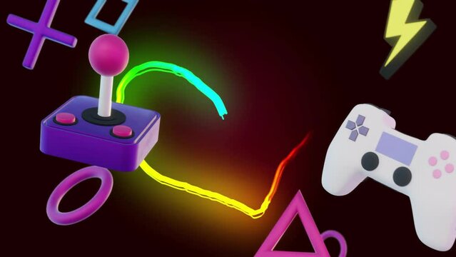 Animation of game controllers and interface devices over coloured light heart on black background