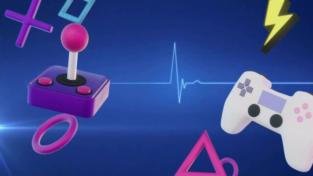 Animation of game controllers, icons and interface devices over heart beat on blue background