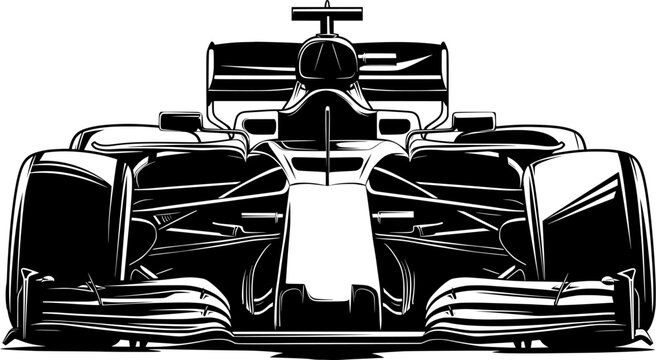Formula 1 car black icon front view on a transparent background.