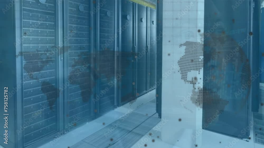 Poster animation of globe and digital data processing over computer servers