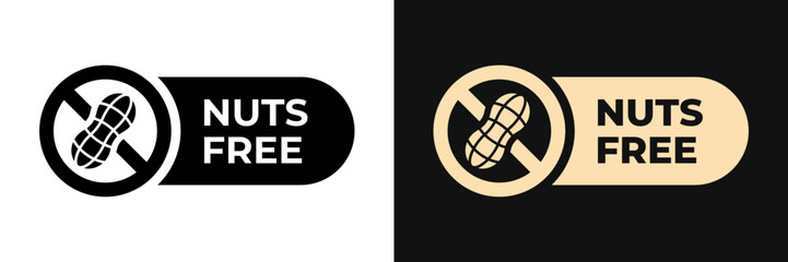 Peanuts free icon. No nuts label. Allergen free illustration, logo, symbol, sign, stamp, tag, emblem, mark or seal for product packaging isolated.