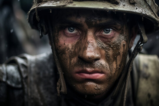Generated with ai image close up portrait of an injured soldiers face after bomb explosion